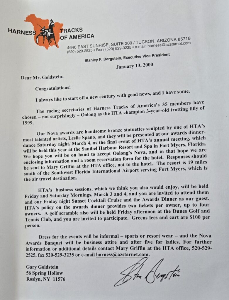 Official Invitation From Harness Tracks of America: Oolong Selected HTA Champion-3-Year-Old Filly Trotter 1999 (Gary Goldstein’s Treasured Moments)