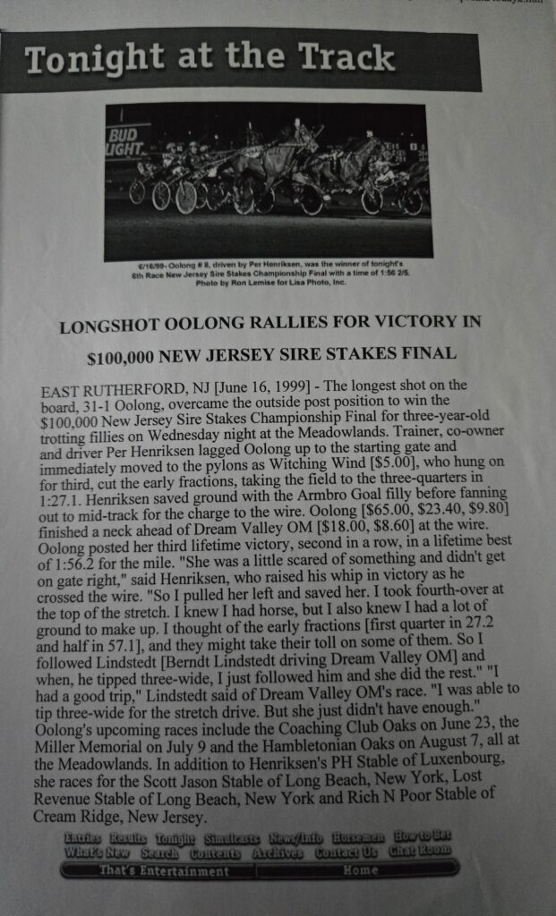 (Gary Goldstein’s Harness Horse Racing Memories) Oolong Wins the New Jersery Sire Stakes- Championship Final